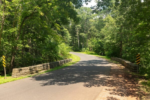 Stone bridge on the Gettysburg Battlefield with dinosaur footprints.