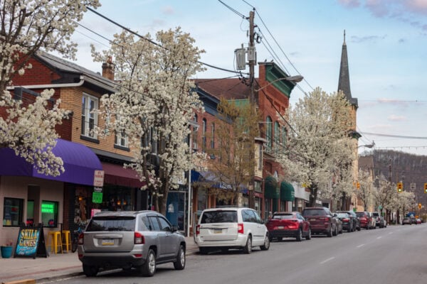 Spring trees in bloom in downtown Huntingdon PA