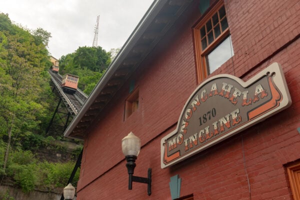 Monongahela Incline sign with the train in the background