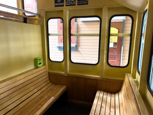 Wooden benches inside the Monongahela Incline in Pittsburgh.