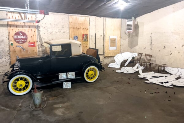 Diorama of the St. Valentine's Day Massacre with an antique car inside the Eliot Ness Museum in Potter County PA
