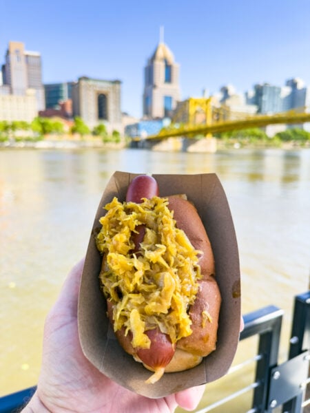 A City Dog covered in sauerkraut on Shore Thing in Pittsburgh, PA