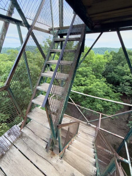 Set of metal and wood stairs on the fire tower in Cook Forest State Park in the PA Wilds.
