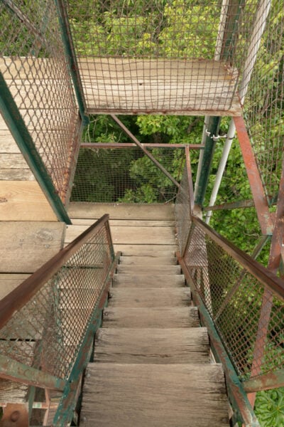 Looking down the stairs on the fire tower in Cook Forest State Park in PA.