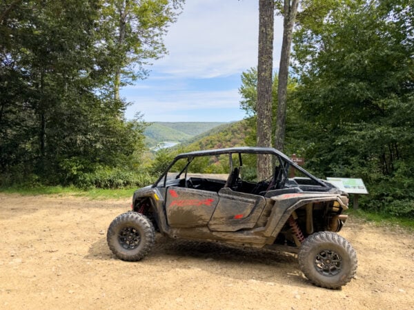 Dirty ATV in front of Peek-A-Boo Vista in Susquehannock State Forest