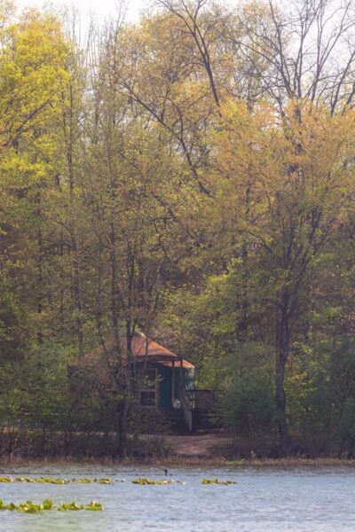 A yurt sits among trees along the Lakefront Trail in Gifford Pinchot State Park in Pennsylvanai