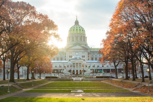 Autumn leaves surround the PA Capitol in Harrisburg in the fall