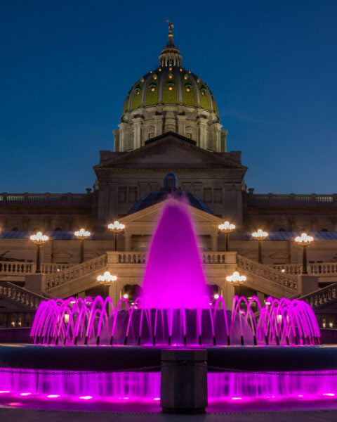 The fountain at the PA Capitol is lit up pink every October for Breast Cancer Awareness Month.