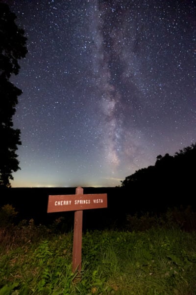 Milky Way over a sign that reads Cherry Springs Vista in Potter County Pennsylvania