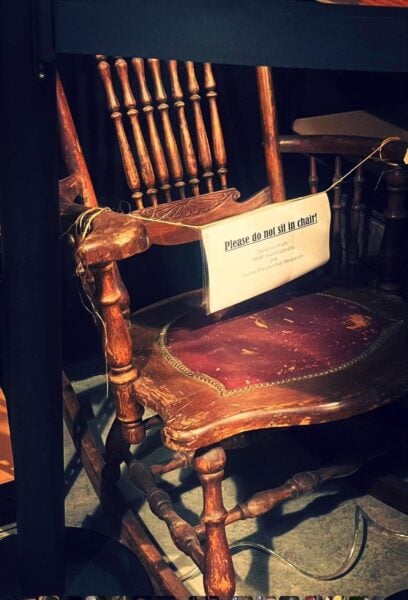 Chair on display inside the Museum of Haunted Objects in Gettysburg Pennsylvania